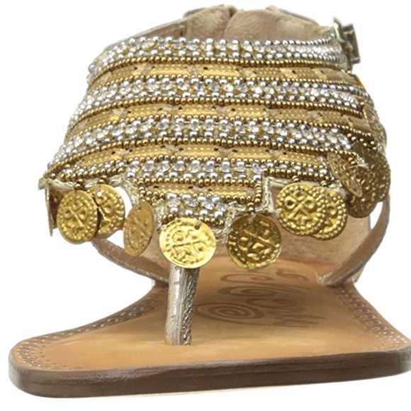 Gold Leather Bohemian Embellished Charms Sandals - Picture 6 of 7